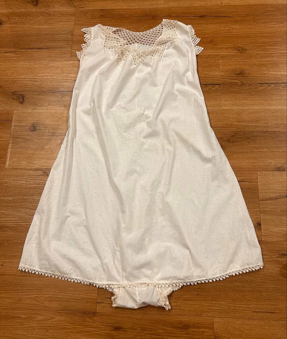 Antique Edwardian Step-In Chemise White Cotton Crochet Lace Small -